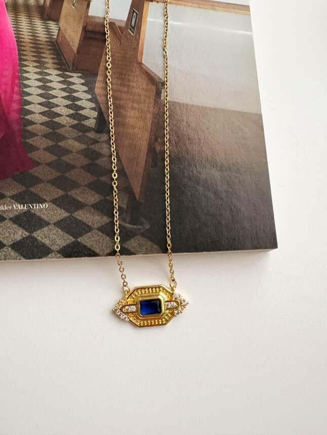 Çelik Gold Lacivert Taşlı Kolye (45 Cm)