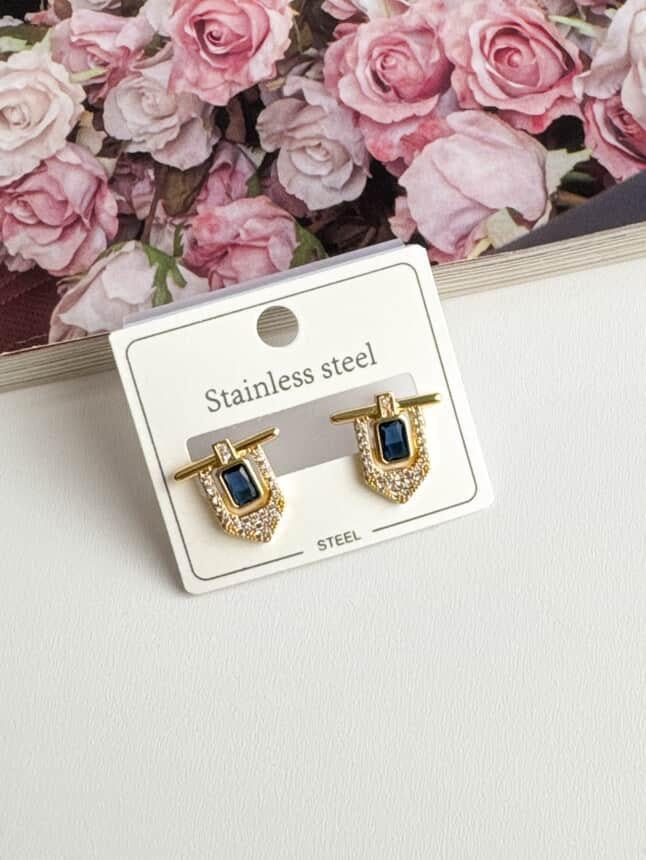 Çelik Gold Lacivert Taşlı Serenay Küpe (1.5 Cm)