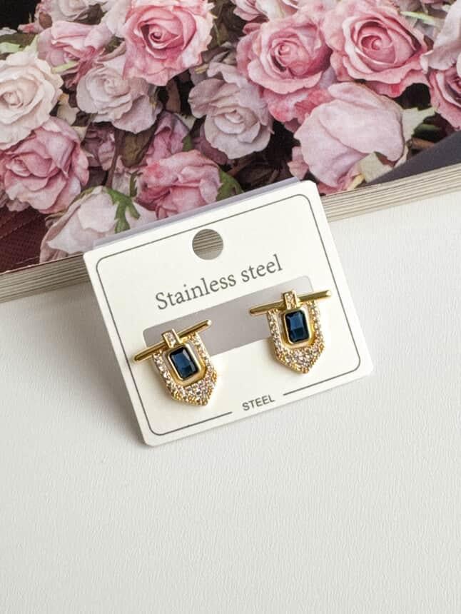 Çelik Gold Lacivert Taşlı Serenay Küpe (1.5 Cm)