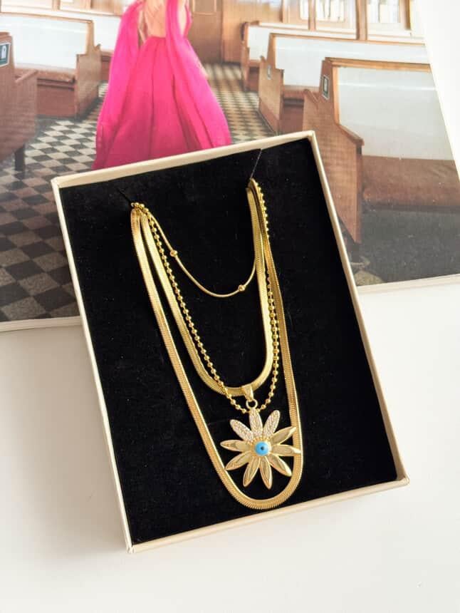 Çelik Gold Mavi Göz Çiçekli Dörtlü Birleşik Olmayan Kombin Kolye (65 Cm)