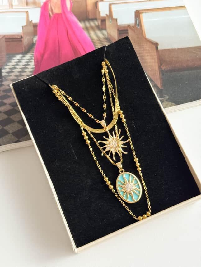 Çelik Gold Mavi Güneşli Dörtlü Birleşik Olmayan Kombin Kolye (65 Cm)
