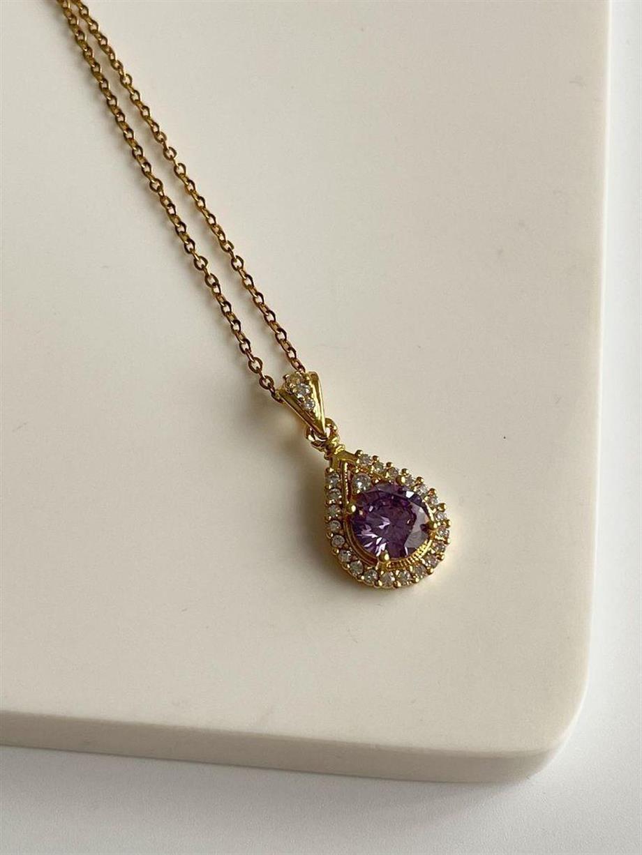 Çelik Gold Mor Taşlı Hera Kolye (46 Cm)
