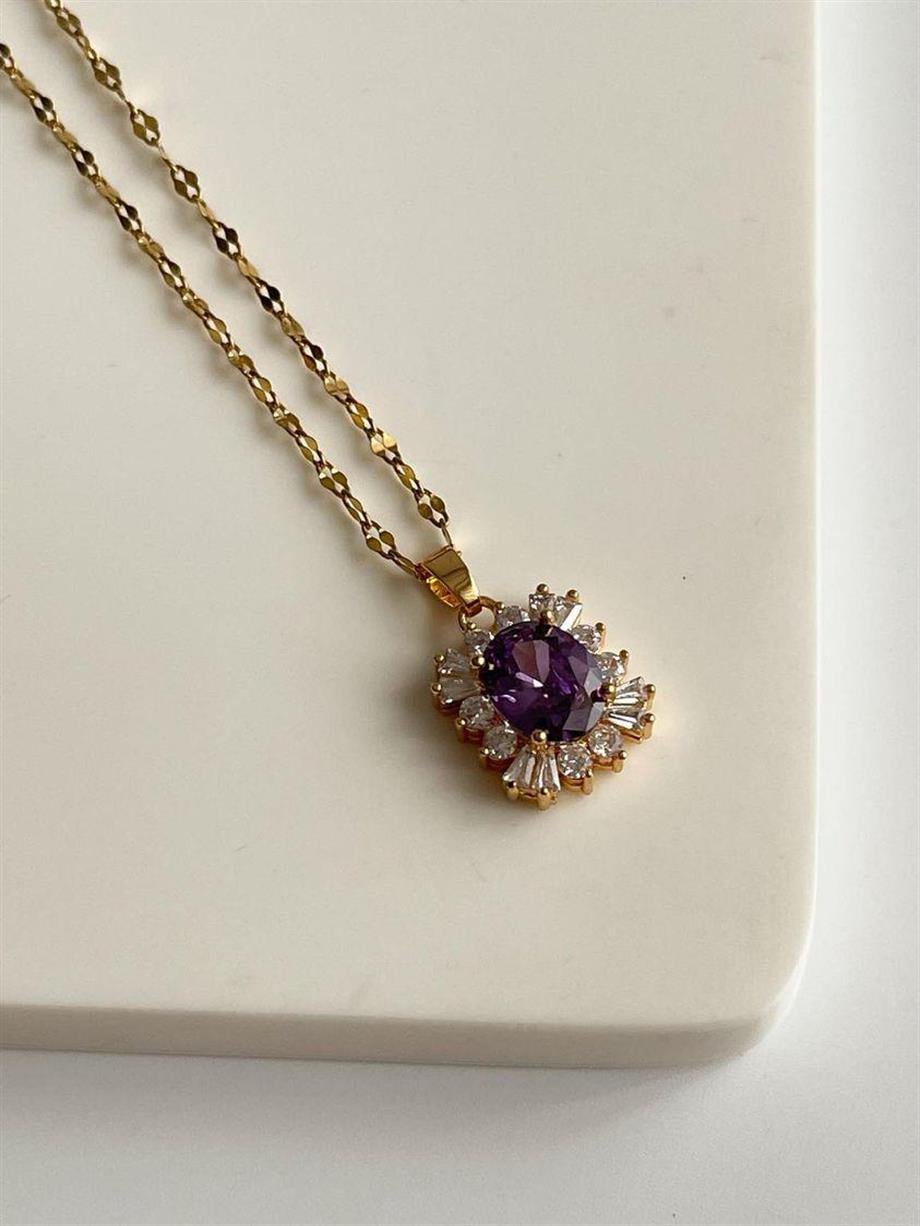 Çelik Gold Mor Taşlı Hera Kolye (46 Cm)