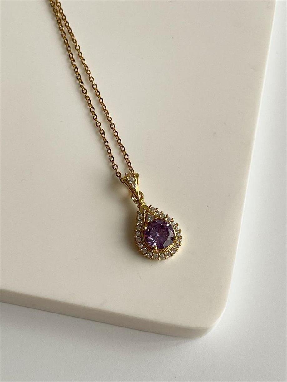Çelik Gold Mor Taşlı Hera Kolye (46 Cm)