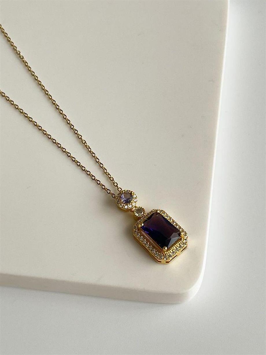 Çelik Gold Mor Taşlı Hera Kolye (46 Cm)