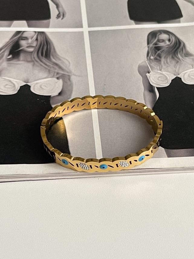 Çelik Gold Nazar Boncuklu Kelepçe Bileklik 