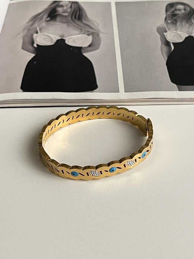 Çelik Gold Nazar Boncuklu Kelepçe Bileklik 