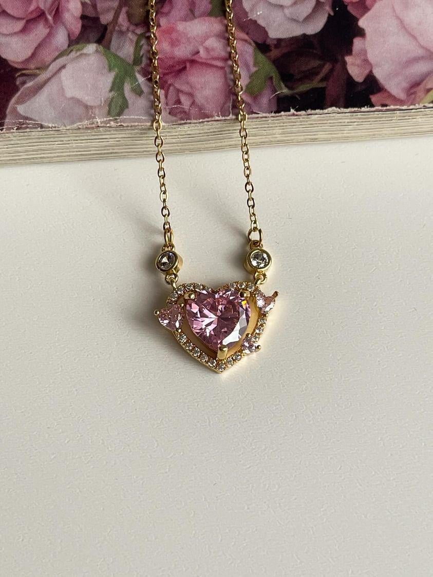 Çelik Gold Pembe Kalpli Kolye (48 Cm)