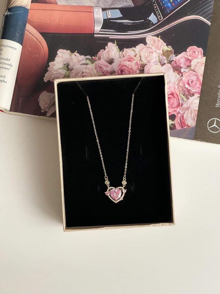 Çelik Gold Pembe Kalpli Kolye (48 Cm)