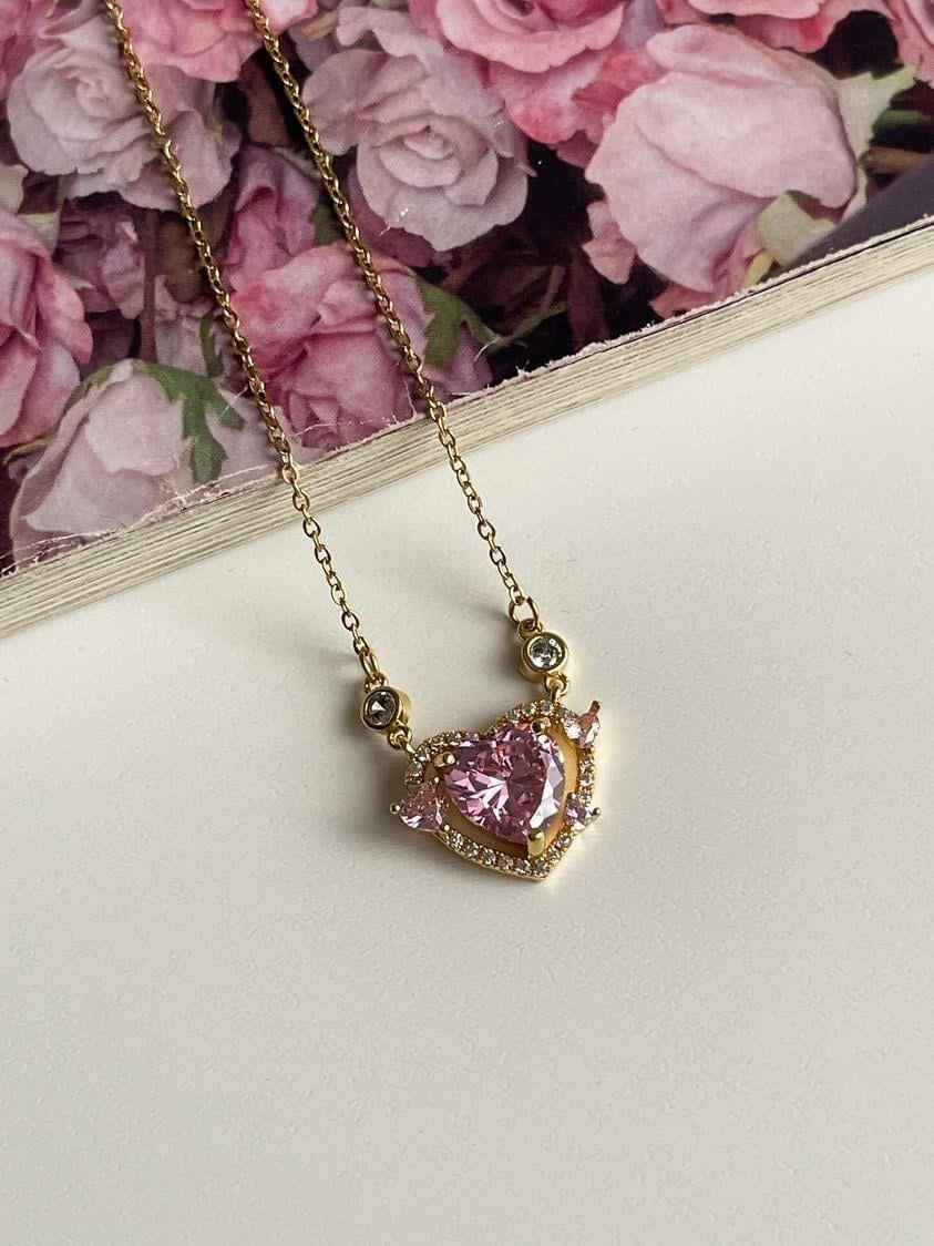 Çelik Gold Pembe Kalpli Kolye (48 Cm)