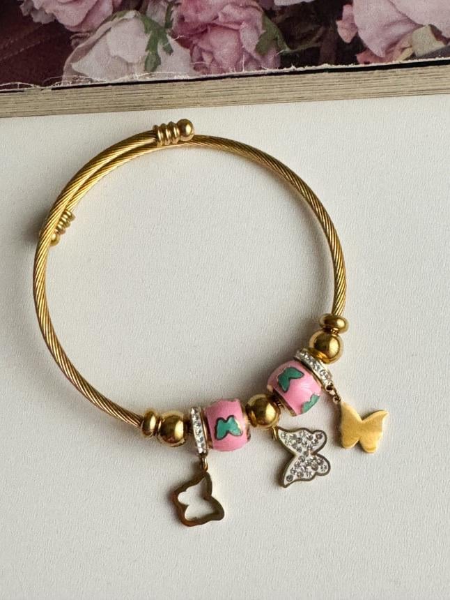 Çelik Gold Pembe Mineli Kelebekli Kelepçe Bileklik