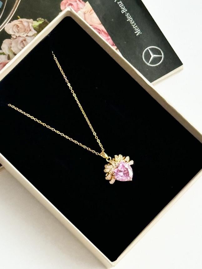 Çelik Gold Pembe Taşlı Prenses Kolye (45 Cm)
