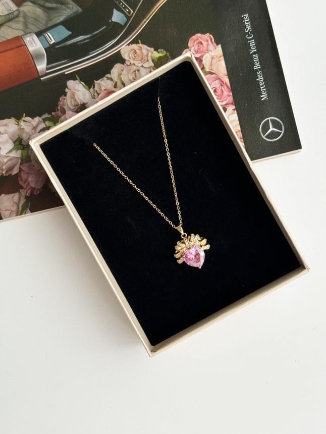 Çelik Gold Pembe Taşlı Prenses Kolye (45 Cm)