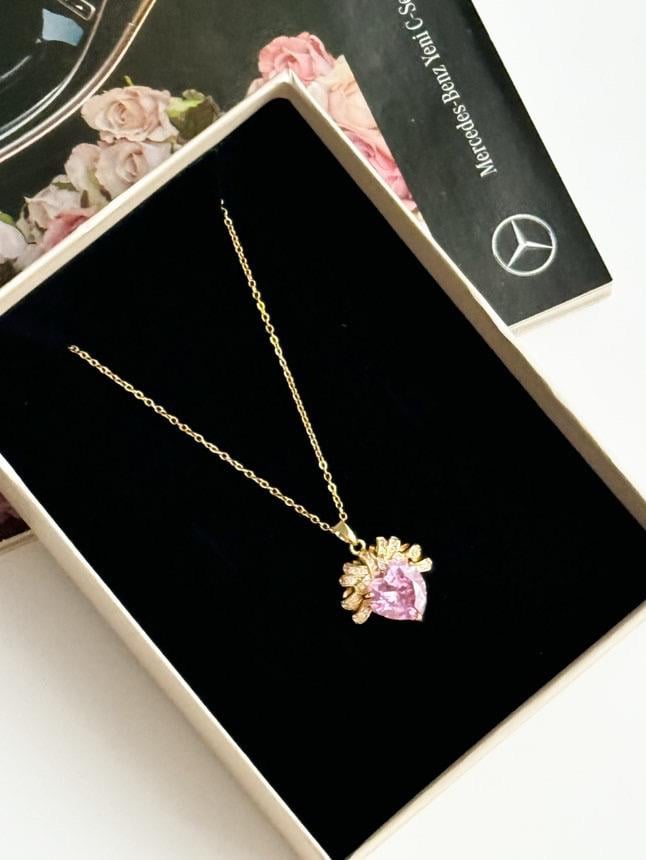 Çelik Gold Pembe Taşlı Prenses Kolye (45 Cm)