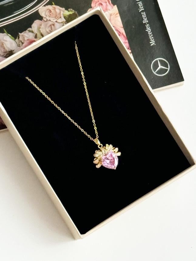 Çelik Gold Pembe Taşlı Prenses Kolye (45 Cm)