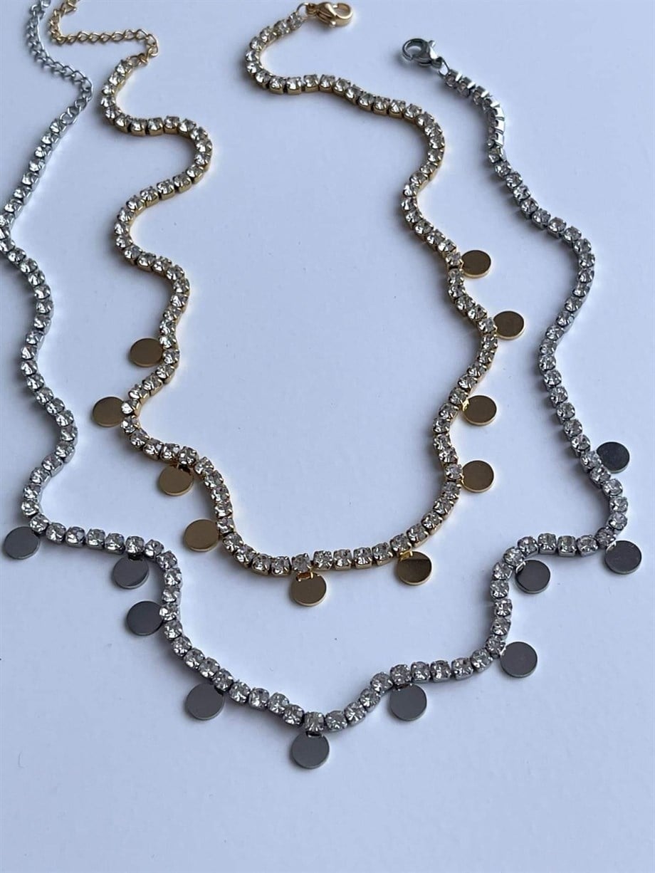 Çelik Gold Pullu Su Yolu Taşlı Kolye (45 Cm)