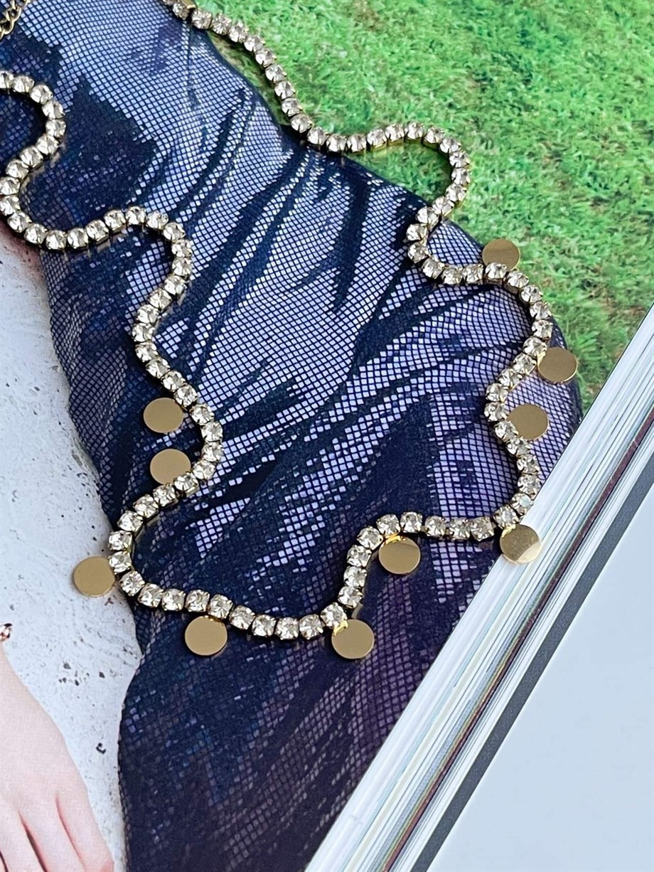 Çelik Gold Pullu Su Yolu Taşlı Kolye (45 Cm)