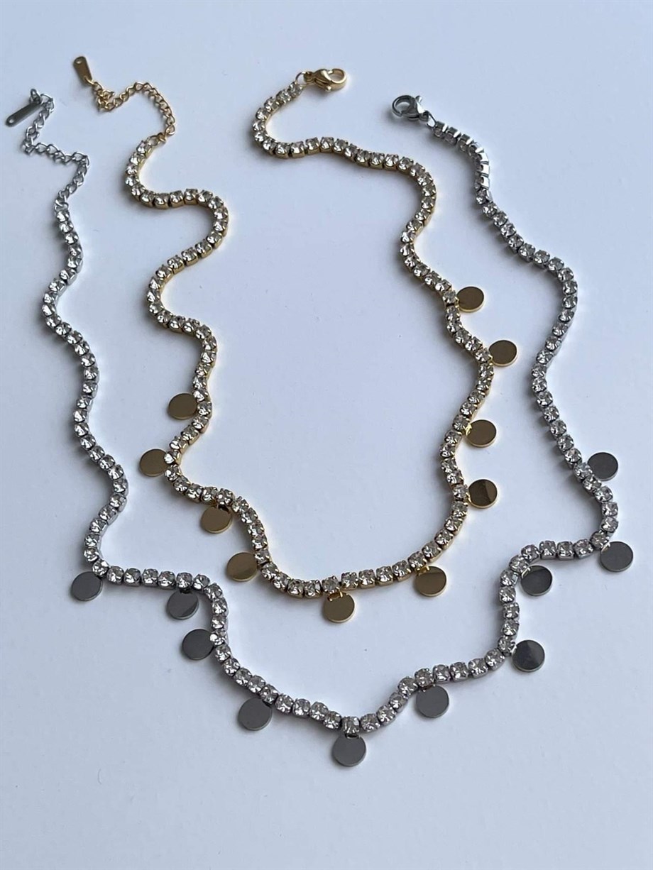 Çelik Gold Pullu Su Yolu Taşlı Kolye (45 Cm)