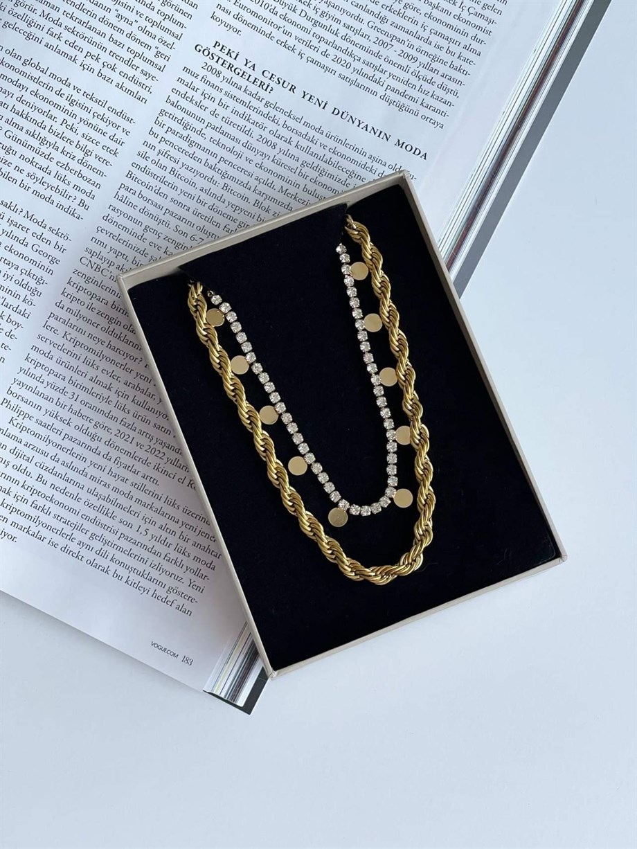 Çelik Gold Pullu Su Yolu Taşlı Kolye (45 Cm)