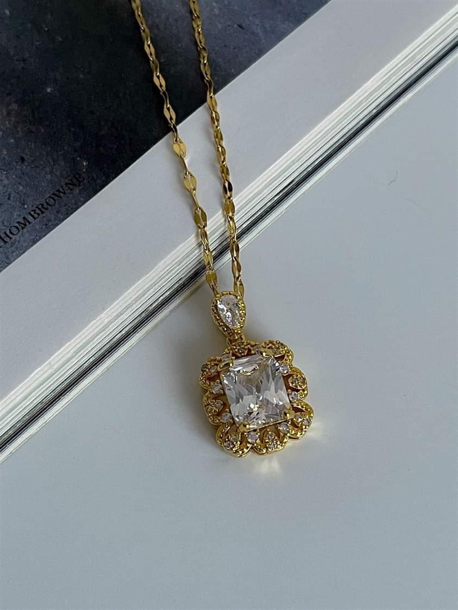 Çelik Gold Renk Baget Taşlı Kolye (46 Cm)