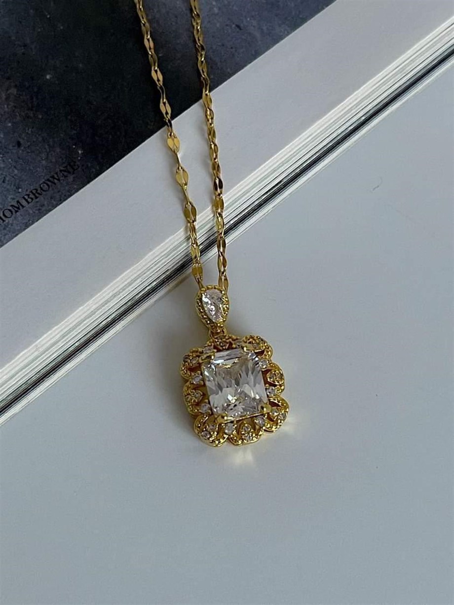 Çelik Gold Renk Baget Taşlı Kolye (46 Cm)