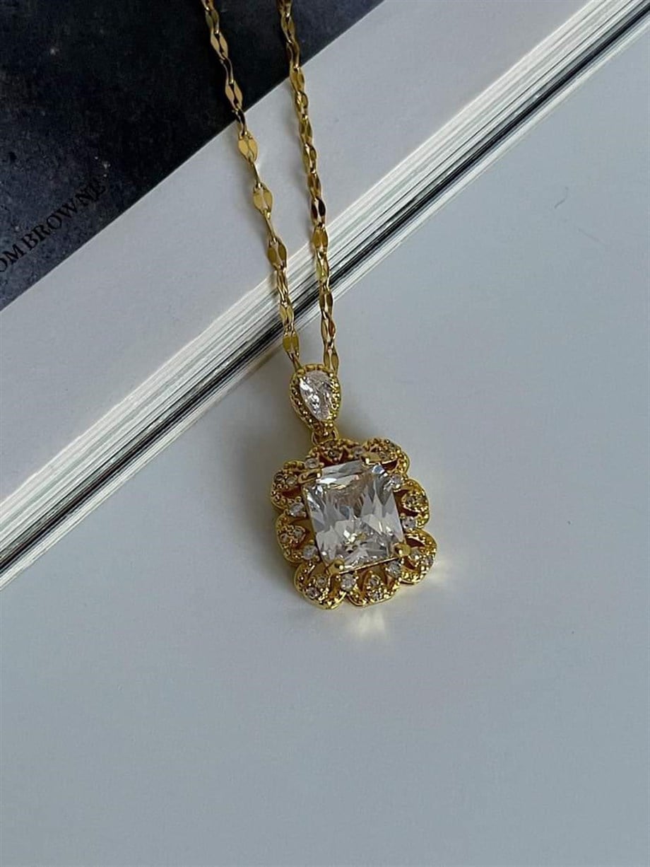 Çelik Gold Renk Baget Taşlı Kolye (46 Cm)