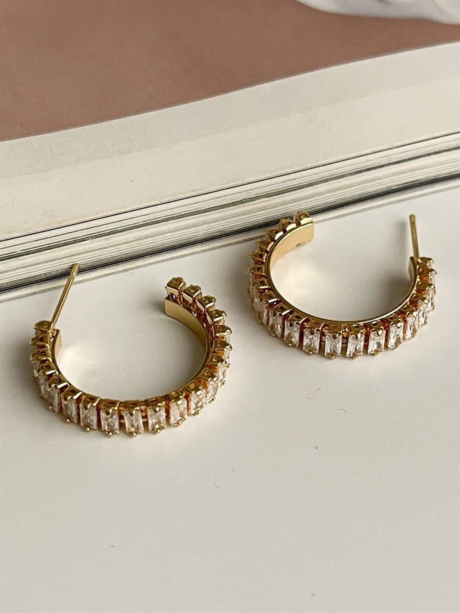 Çelik Gold Renk Baget Taşlı Lena Halka Küpe (2.40 Cm)
