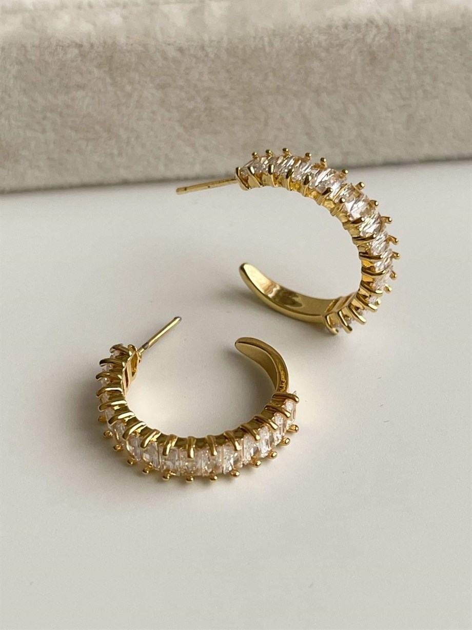 Çelik Gold Renk Baget Taşlı Lena Halka Küpe (2 Cm)