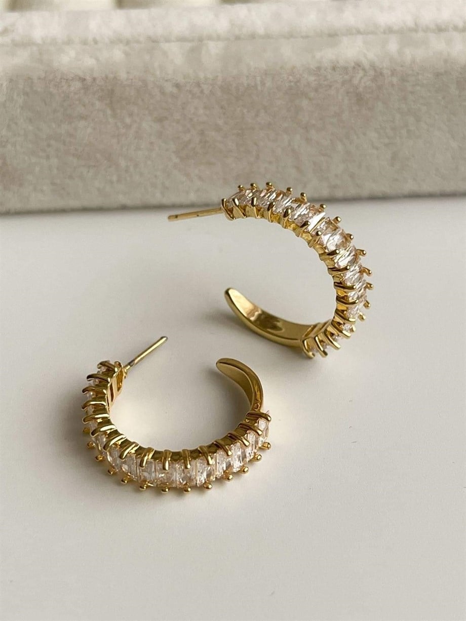 Çelik Gold Renk Baget Taşlı Lena Halka Küpe (2 Cm)
