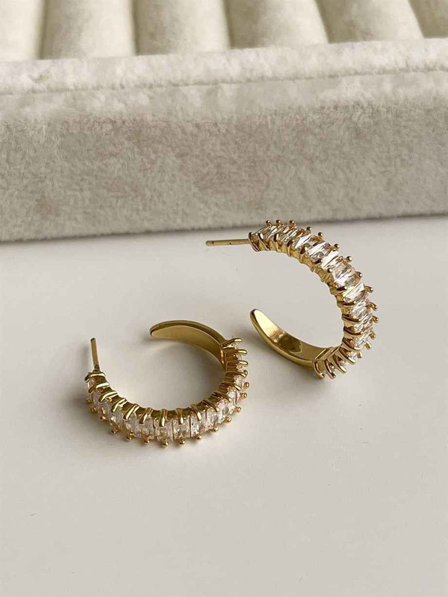Çelik Gold Renk Baget Taşlı Lena Halka Küpe (2 Cm)