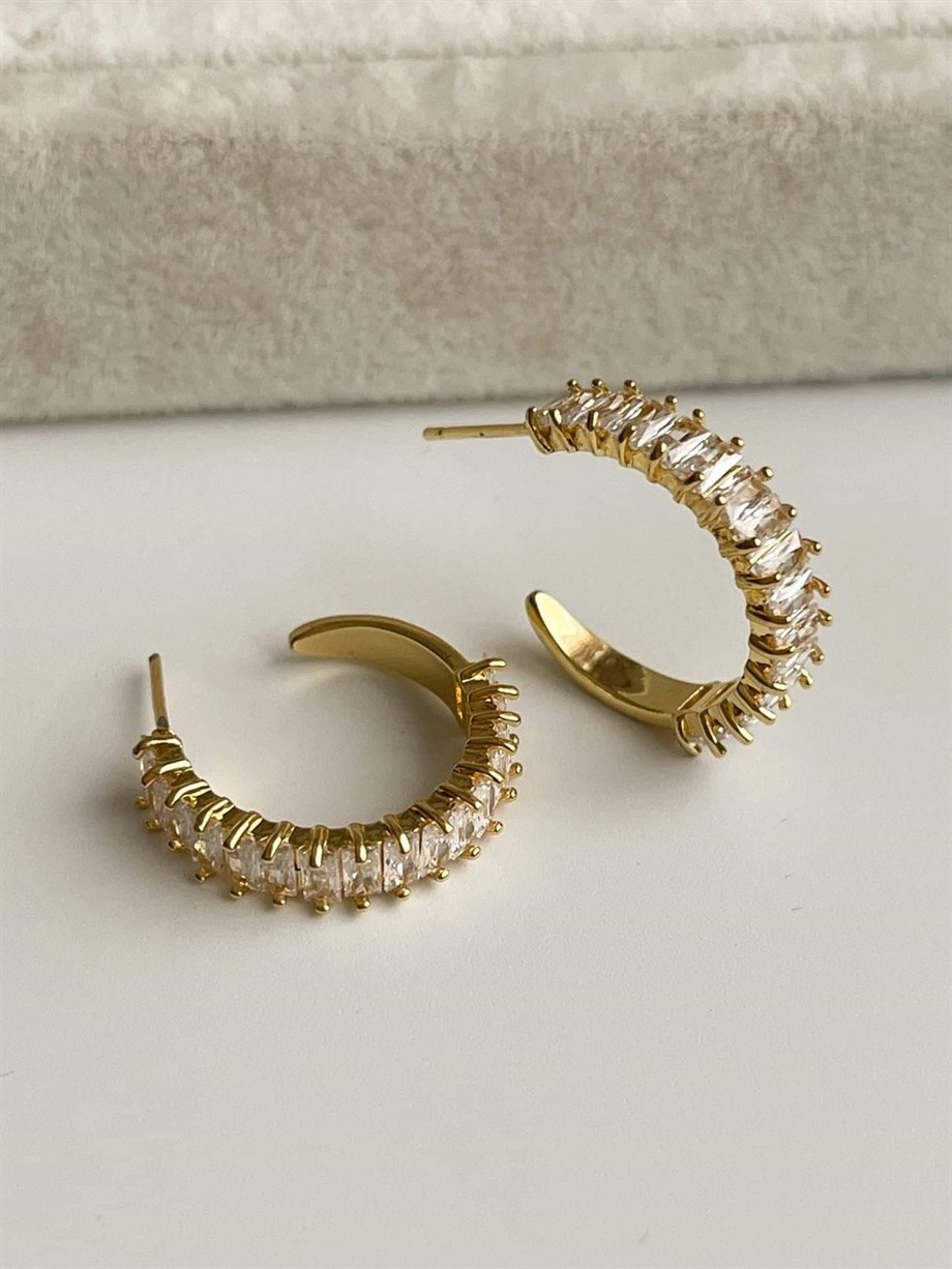 Çelik Gold Renk Baget Taşlı Lena Halka Küpe (2 Cm)