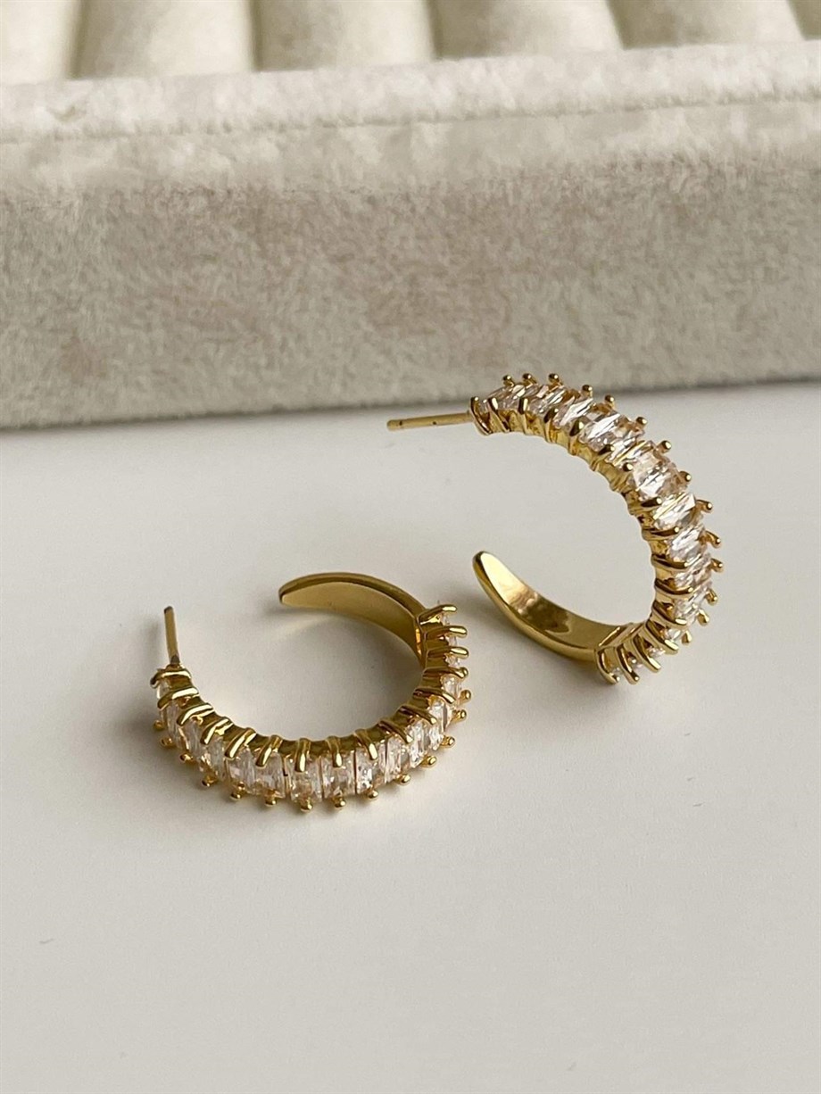 Çelik Gold Renk Baget Taşlı Lena Halka Küpe (2 Cm)