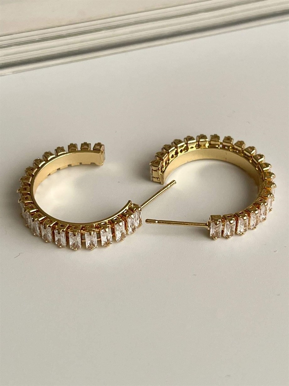 Çelik Gold Renk Baget Taşlı Lena Halka Küpe (2.40 Cm)