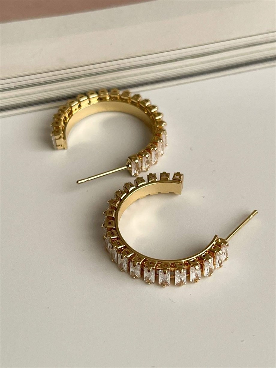 Çelik Gold Renk Baget Taşlı Lena Halka Küpe (2.40 Cm)