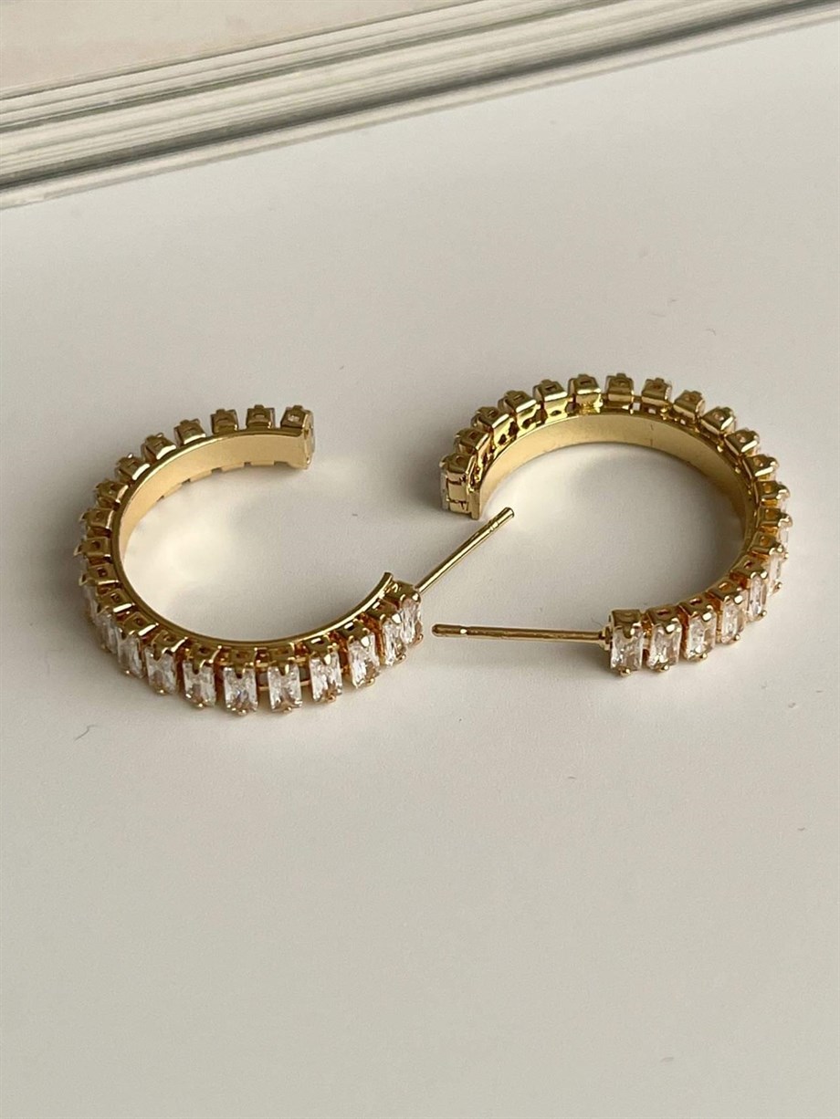 Çelik Gold Renk Baget Taşlı Lena Halka Küpe (2.40 Cm)