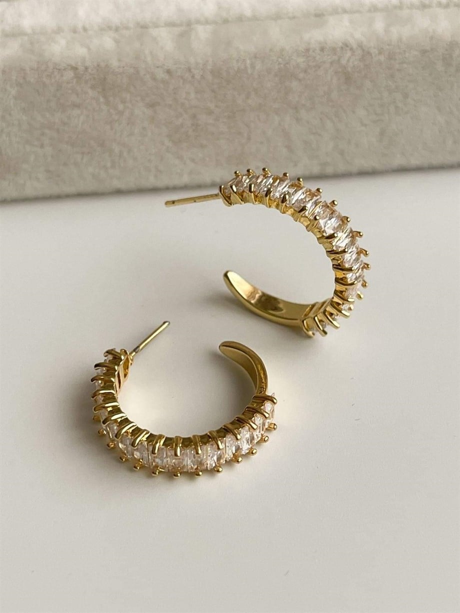 Çelik Gold Renk Baget Taşlı Lena Halka Küpe (2 Cm)