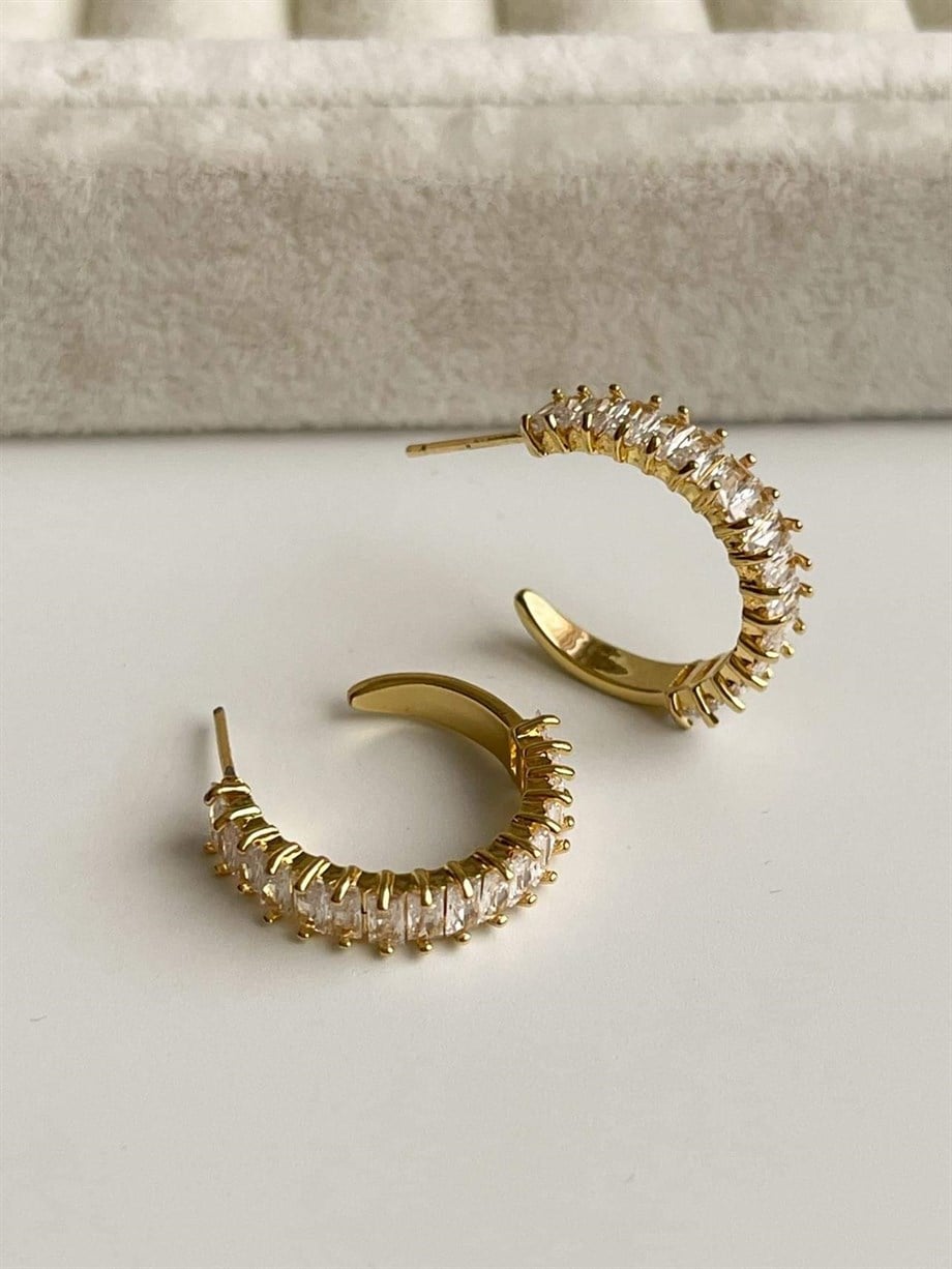 Çelik Gold Renk Baget Taşlı Lena Halka Küpe (2 Cm)