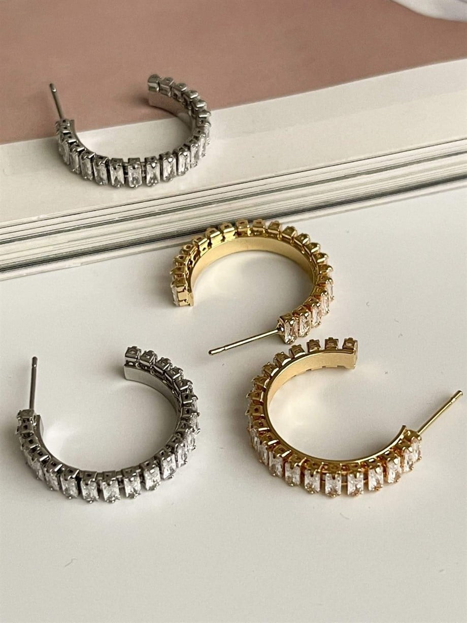 Çelik Gold Renk Baget Taşlı Lena Halka Küpe (2.40 Cm)