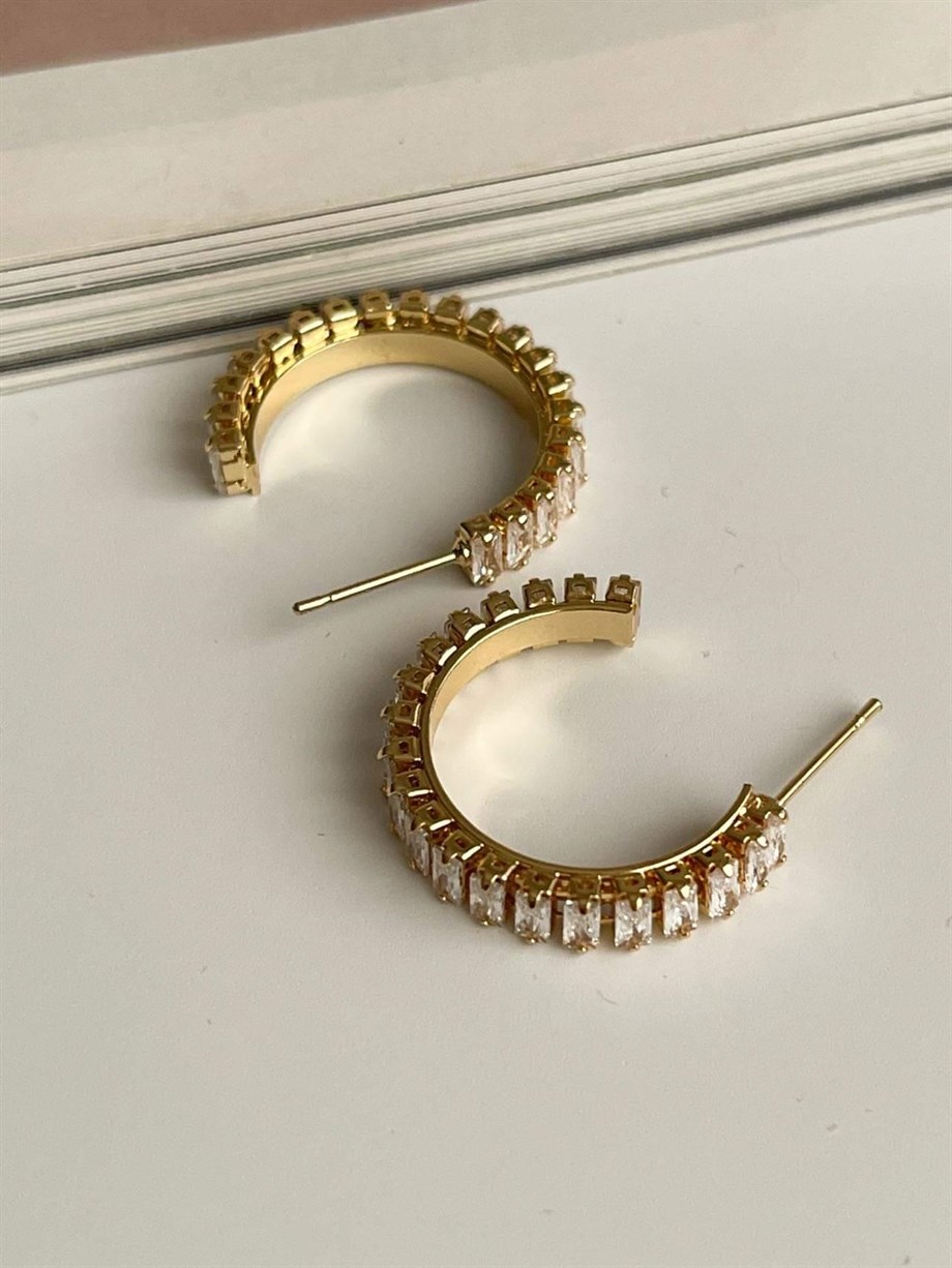 Çelik Gold Renk Baget Taşlı Lena Halka Küpe (2.40 Cm)