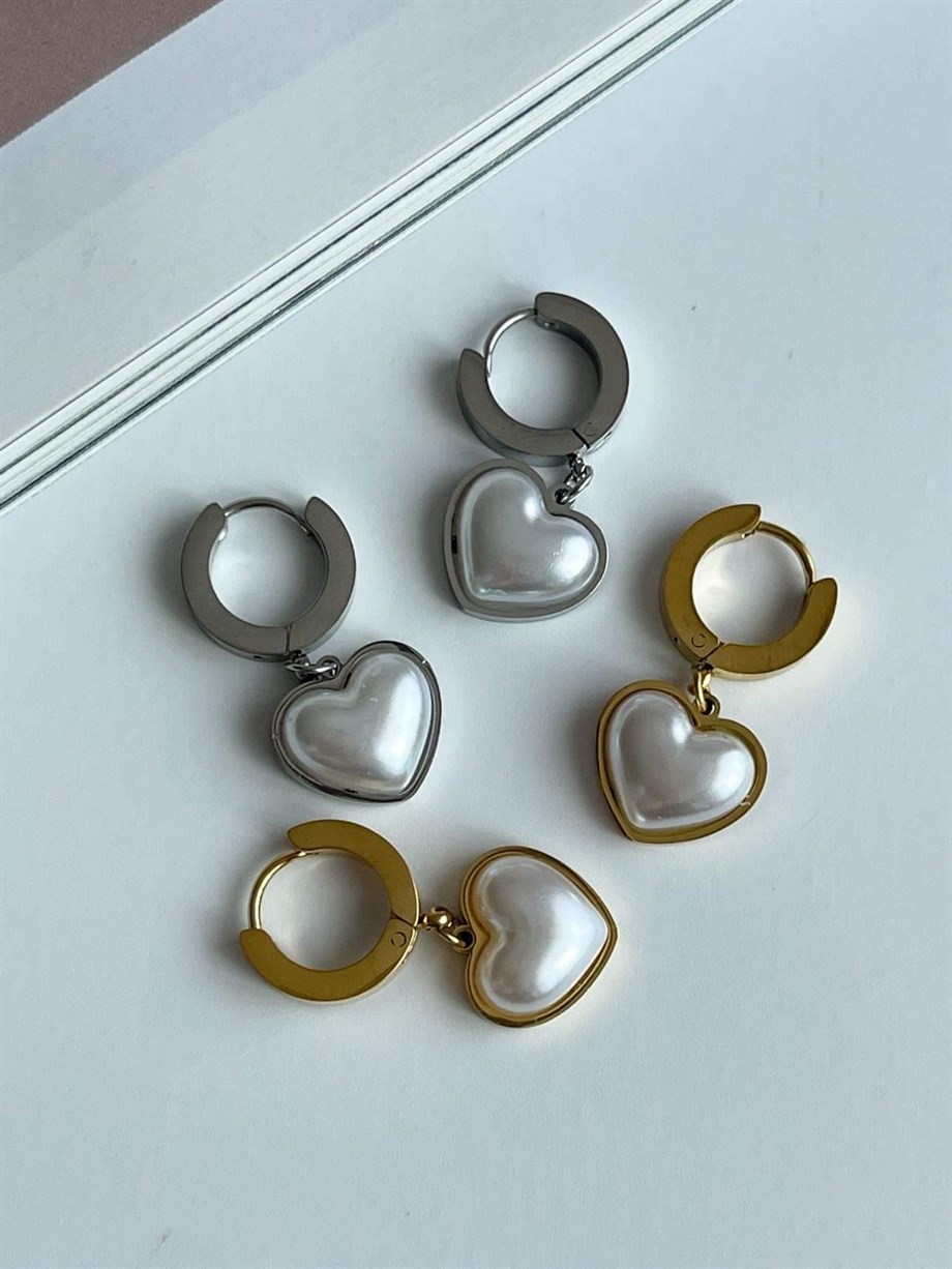 Çelik Gold Renk Beyaz Kalp Küpe (2.5 Cm)