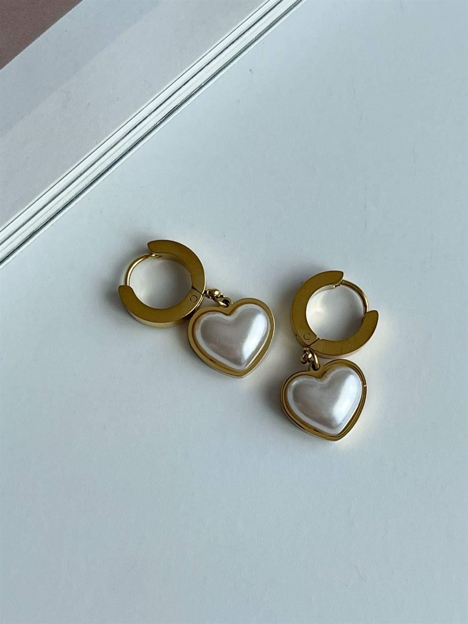 Çelik Gold Renk Beyaz Kalp Küpe (2.5 Cm)