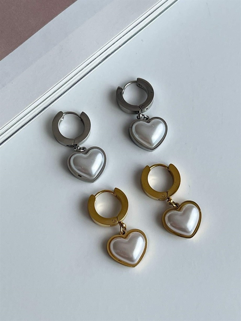 Çelik Gold Renk Beyaz Kalp Küpe (2.5 Cm)