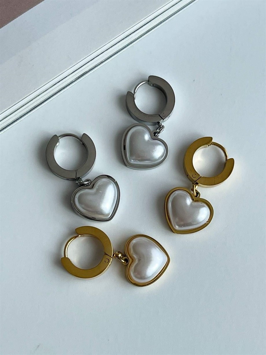 Çelik Gold Renk Beyaz Kalp Küpe (2.5 Cm)