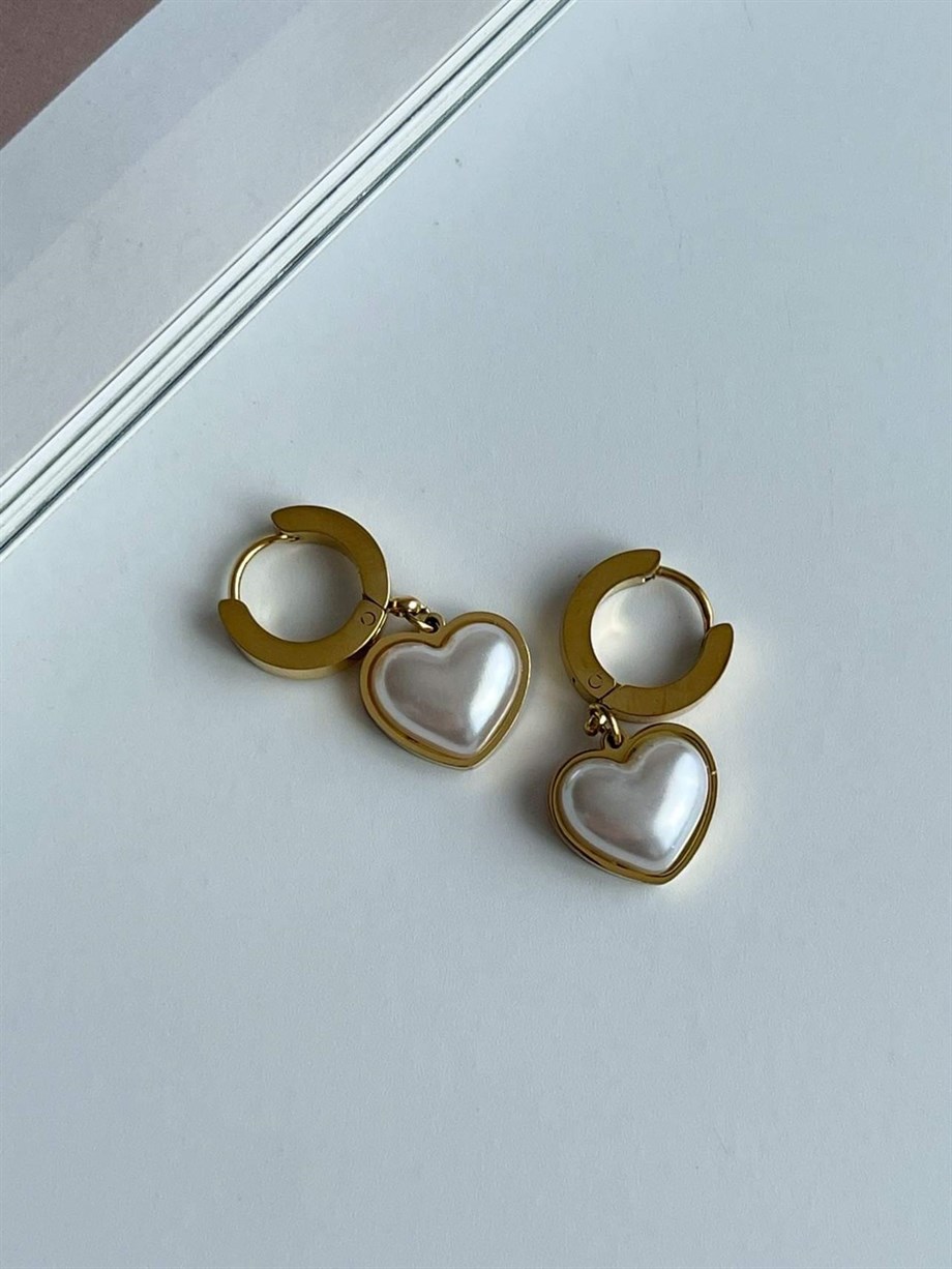 Çelik Gold Renk Beyaz Kalp Küpe (2.5 Cm)