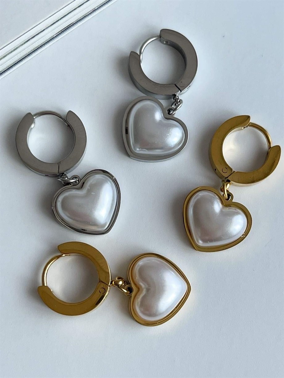Çelik Gold Renk Beyaz Kalp Küpe (2.5 Cm)