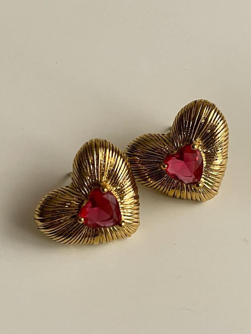 Çelik Gold Renk Fuşya Baget Kalp Vintage Küpe (1.80 Cm)