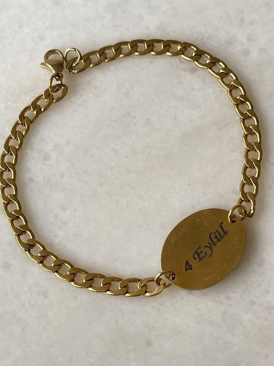 Çelik Gold Renk İsim Yazdırılabilir Künye Bileklik (21 Cm)