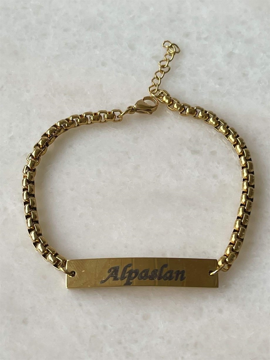 Çelik Gold Renk İsim Yazdırılabilir Künye Bileklik (23 Cm)