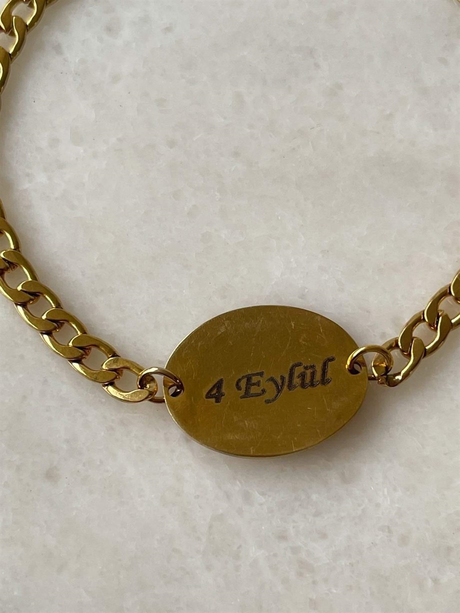 Çelik Gold Renk İsim Yazdırılabilir Künye Bileklik (21 Cm)
