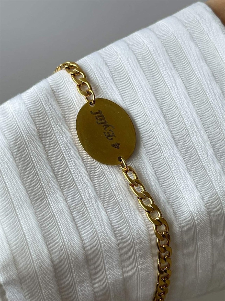 Çelik Gold Renk İsim Yazdırılabilir Künye Bileklik (21 Cm)